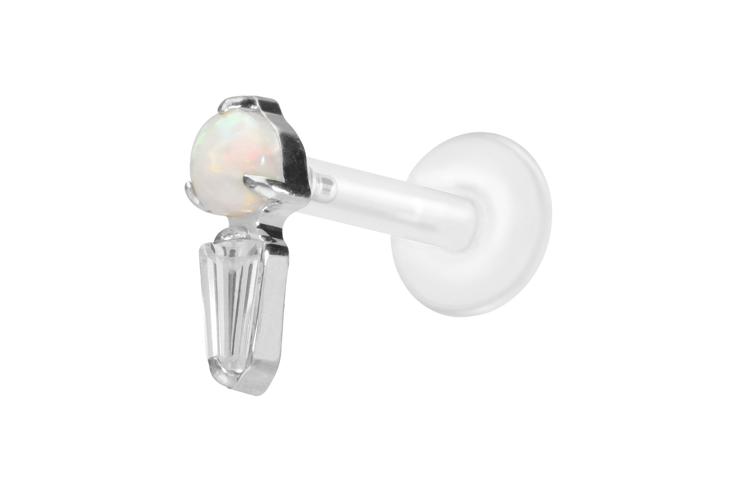 PTFE Labret Piercing mit Innengewinde + Titan-Aufsatz SYNTHETISCHER OPAL + KRISTALLRECHTECK